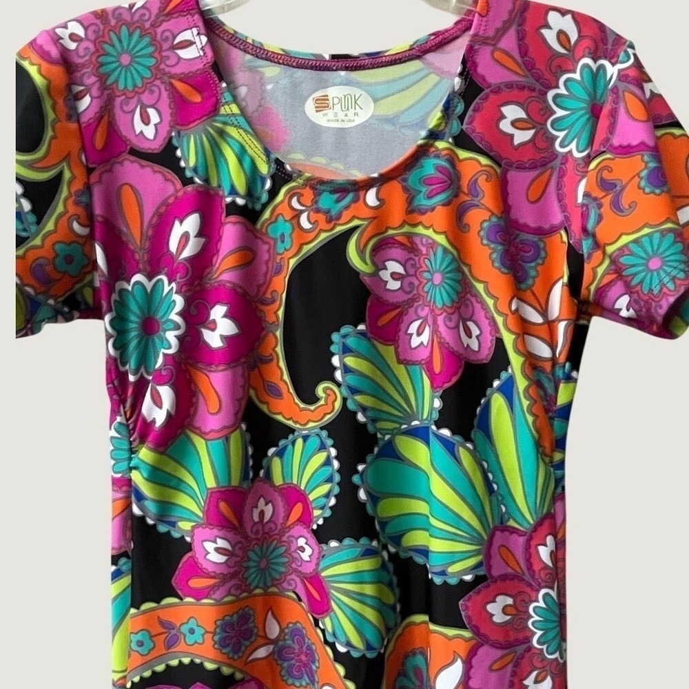 Spunkwear Floral A Line Mini Dress Psychedelic Mod Print Womens XS Retro